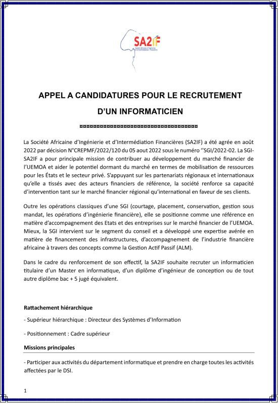 APPEL A CANDIDATURES POUR LE RECRUTEMENT D’UN INFORMATICIEN - L ...